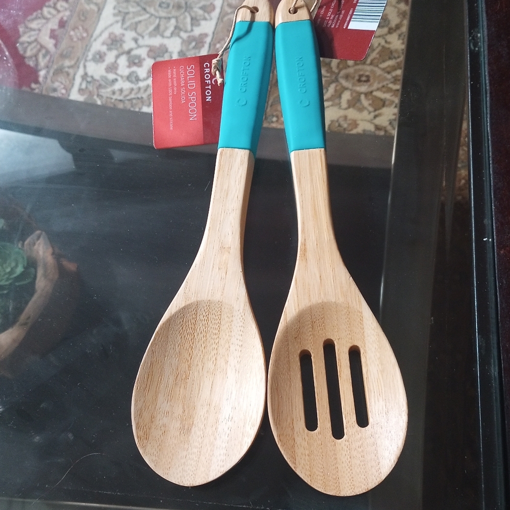 Crofton Slotted Kitchen Bamboo Utensil Set with Teal Handles
